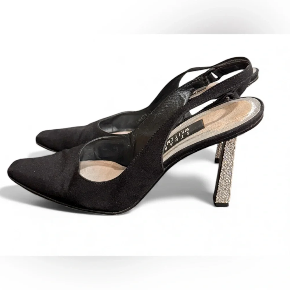 Stuart Weitzman Black satin and Silver rhinestone Embellished Heels size 9 b
